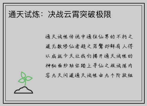 通天试炼：决战云霄突破极限