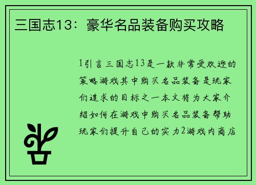 三国志13：豪华名品装备购买攻略